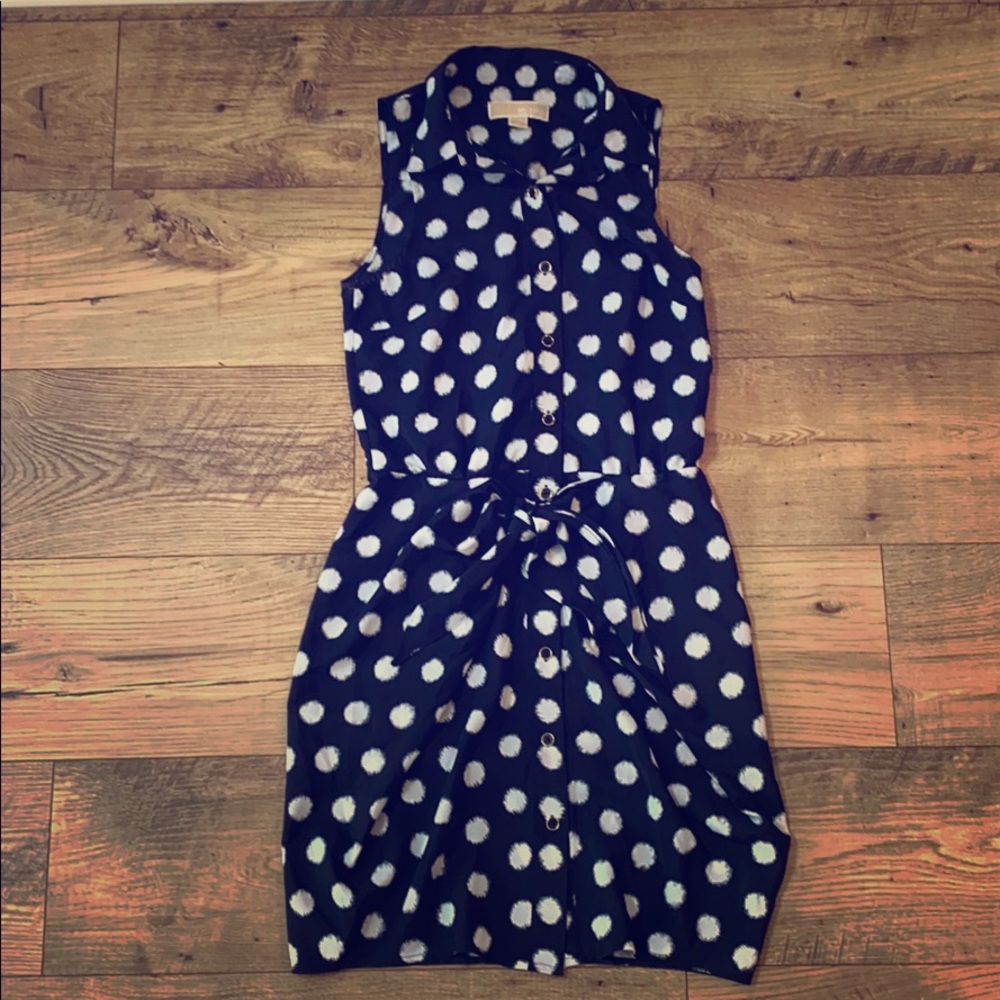Michael Kors Polka Dot Shirtdress Navy White Belted Gold Buttons Size 0